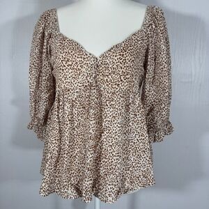 By Together Women Brown Animal Print‎ Tie Back Long Sleeve Blouse Ruffle Size S